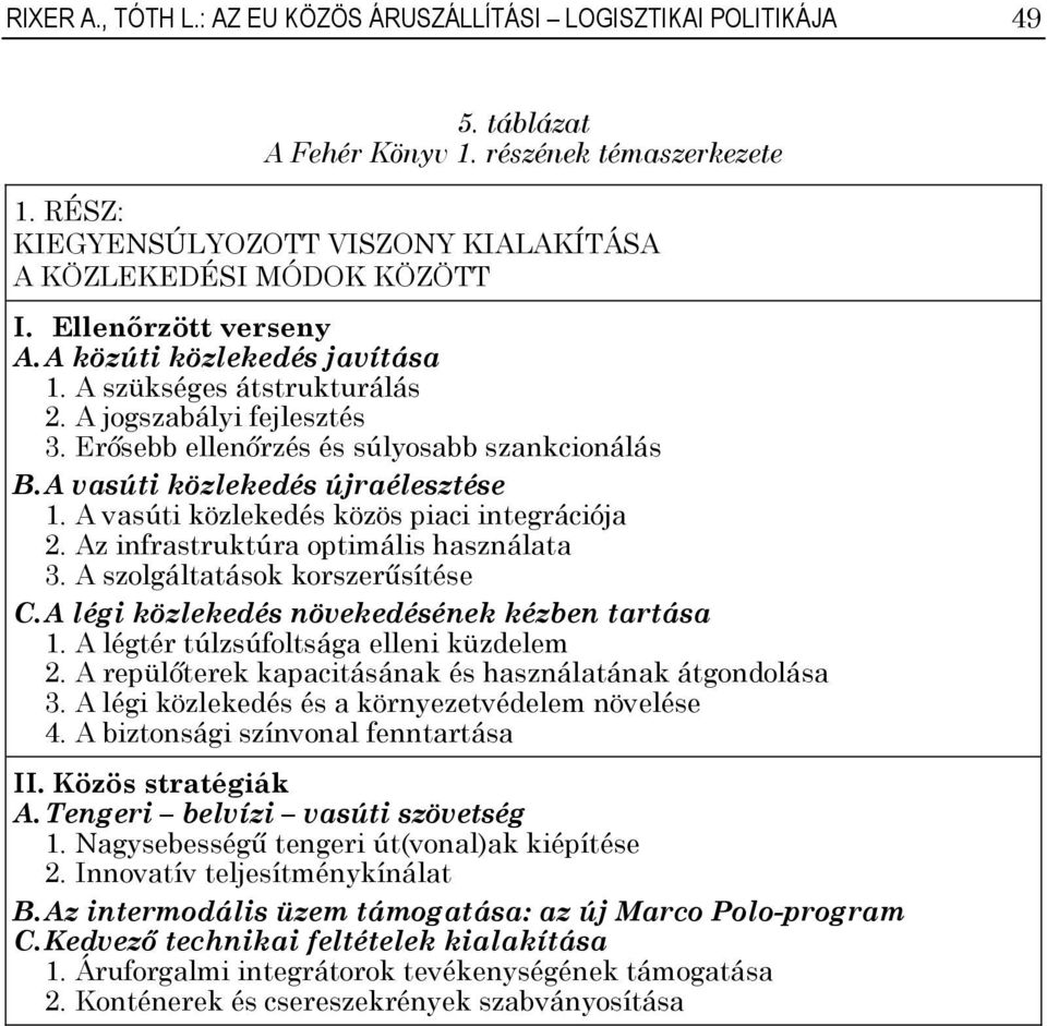 A vasúti közlekedés közös piaci integrációja 2. Az infrastruktúra optimális használata 3. A szolgáltatások korszerűsítése C. A légi közlekedés növekedésének kézben tartása 1.