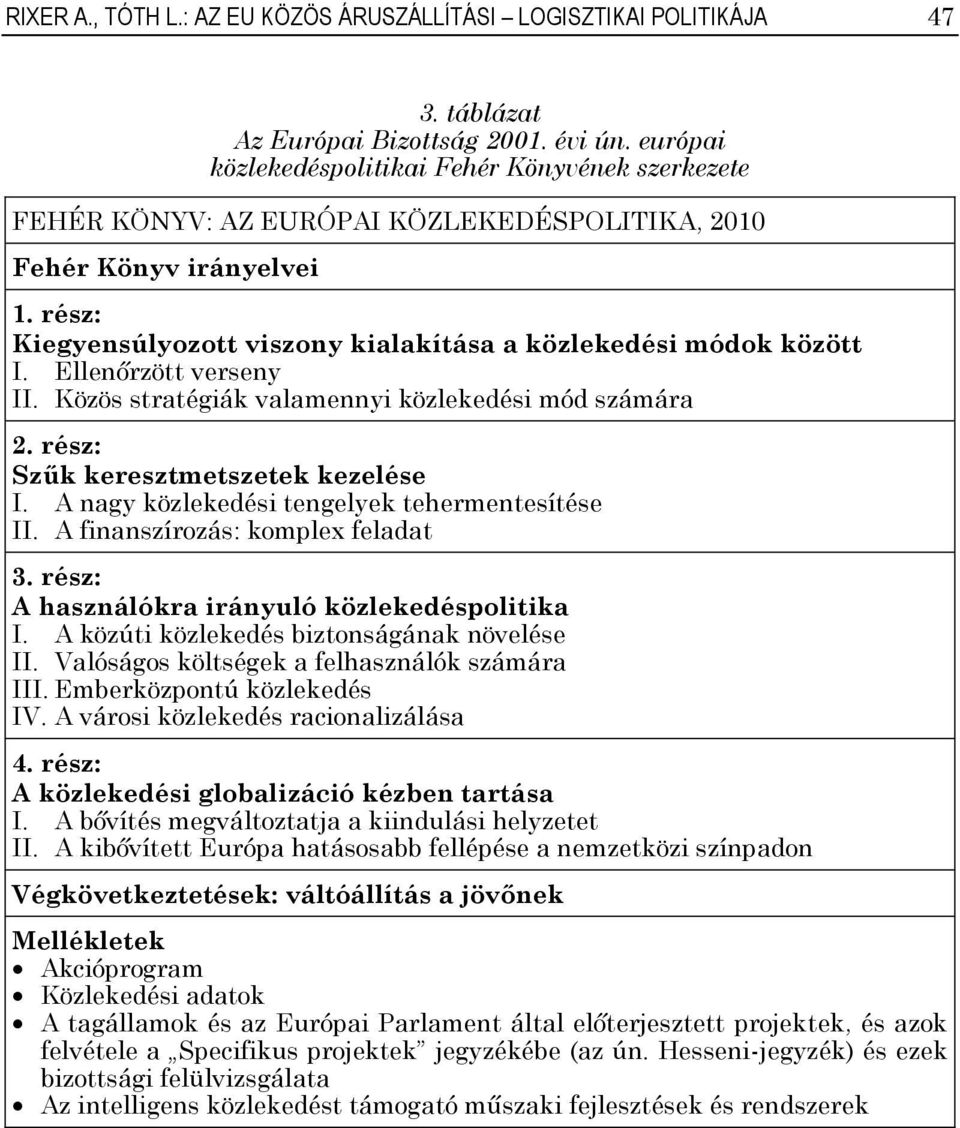 rész: Kiegyensúlyozott viszony kialakítása a közlekedési módok között I. Ellenőrzött verseny II. Közös stratégiák valamennyi közlekedési mód számára 2. rész: Szűk keresztmetszetek kezelése I.