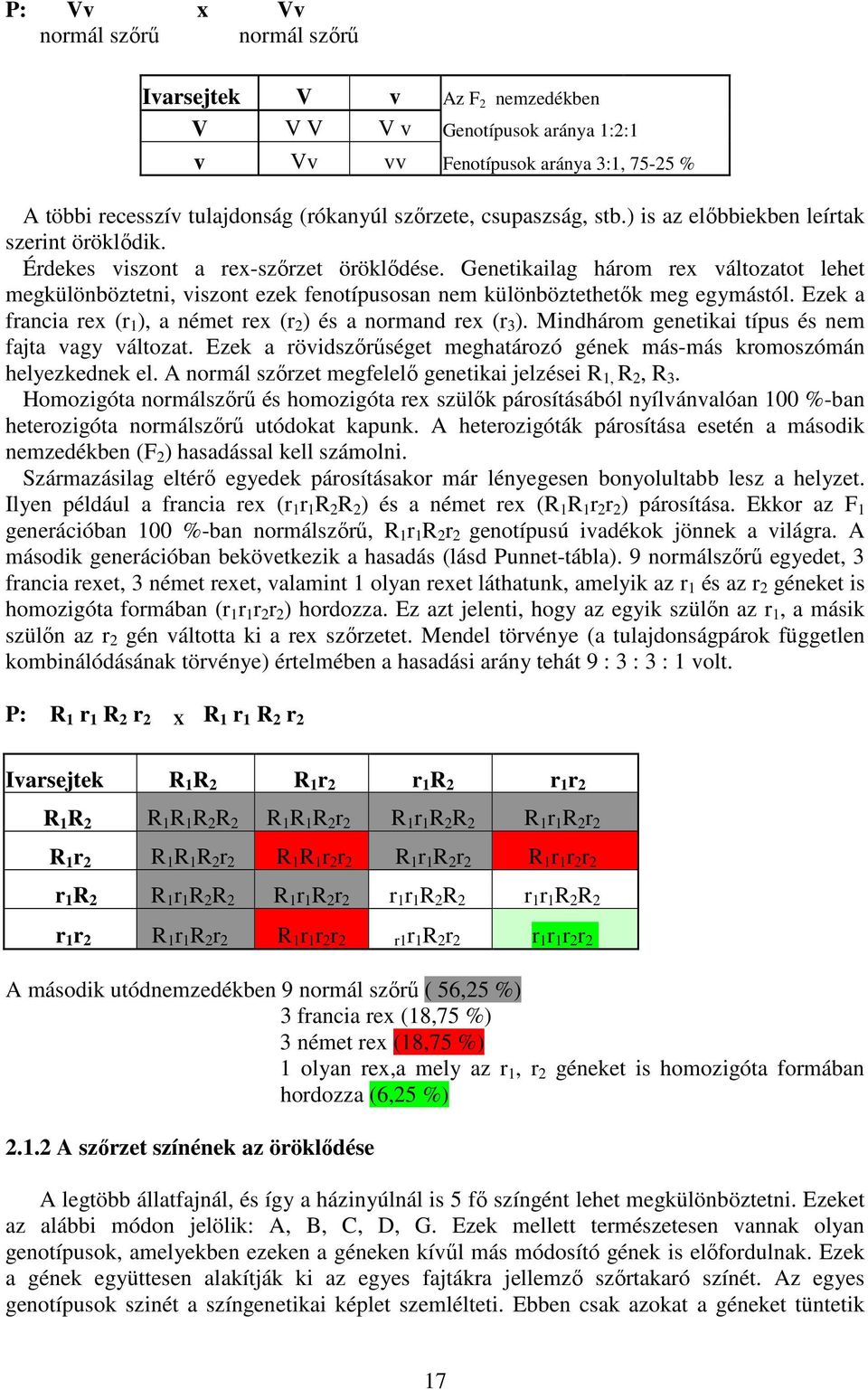 Genetikailag három rex változatot lehet megkülönböztetni, viszont ezek fenotípusosan nem különböztethetők meg egymástól. Ezek a francia rex (r 1 ), a német rex (r 2 ) és a normand rex (r 3 ).