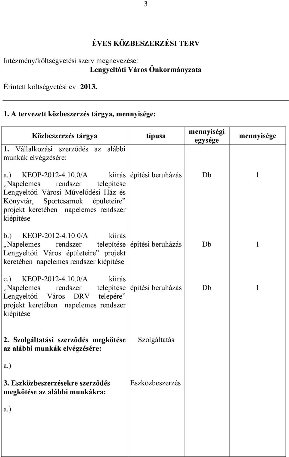 -4.0.0/A kiírás Lengyeltóti Városi Művelődési Ház és Könyvtár, Sportcsarnok épületeire projekt keretében napelemes rendszer kiépítése b.) KEOP-202-4.0.0/A kiírás Lengyeltóti Város épületeire projekt keretében napelemes rendszer kiépítése c.