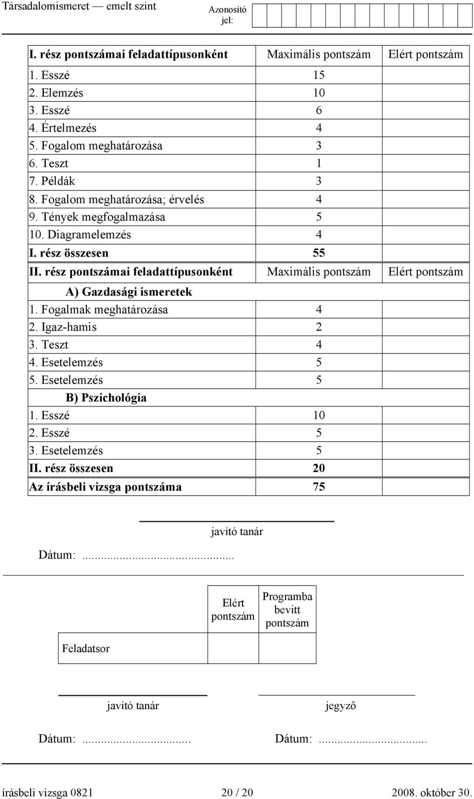 rész pontszámai feladattípusonként Maximális pontszám Elért pontszám A) Gazdasági ismeretek 1. Fogalmak meghatározása 4 2. Igaz-hamis 2 3. Teszt 4 4. Esetelemzés 5 5.