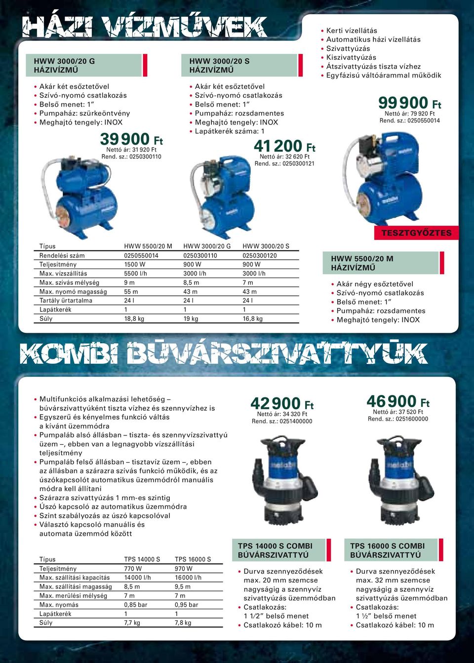 : 0250300110 HWW 3000/20 S HÁZIVÍZMŰ Akár két esőztetővel Pumpaház: rozsdamentes Meghajtó tengely: INOX Lapátkerék szá