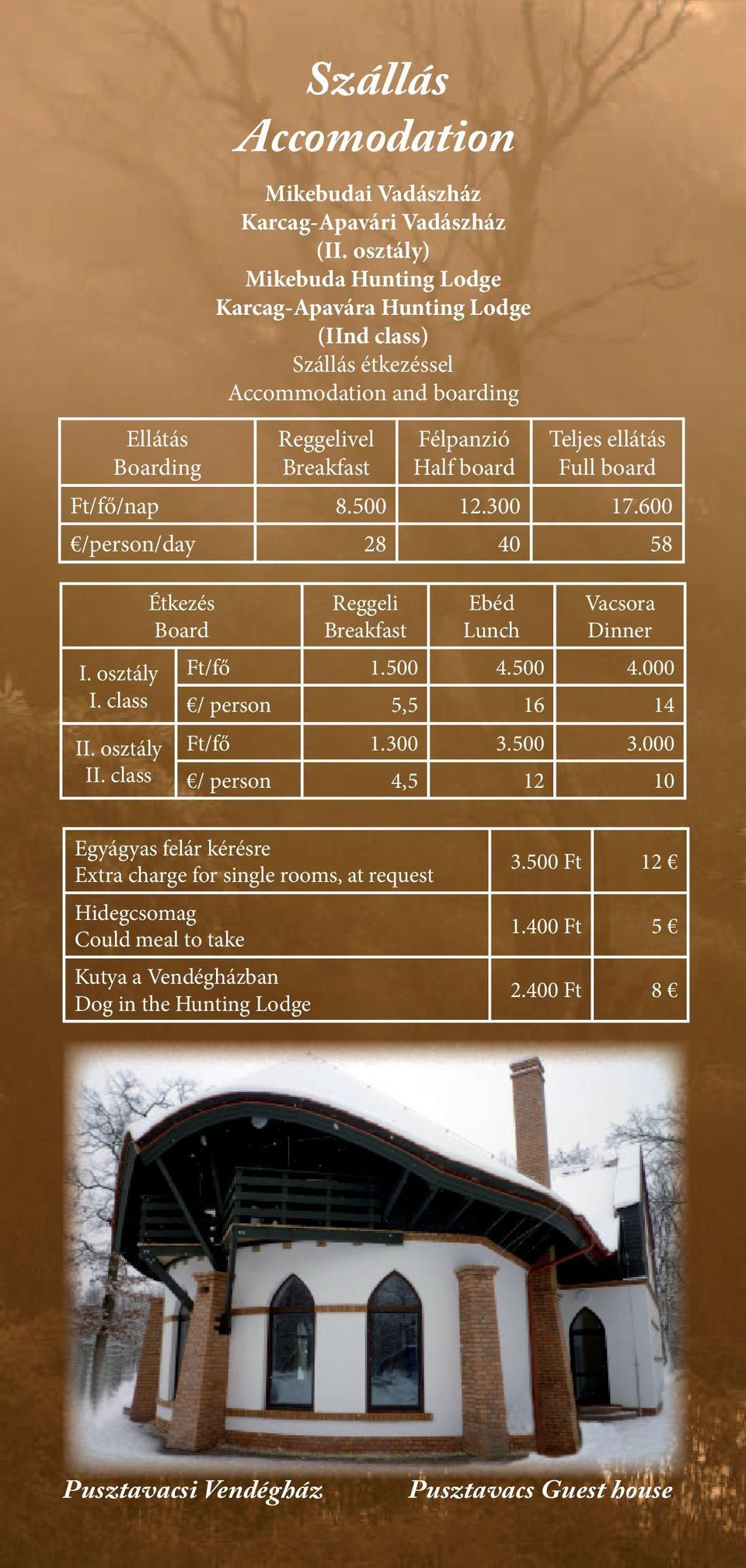 board Ft/fő/nap 8.500 12.300 17.600 /person/day 28 40 58 I. osztály I. class II. osztály II.