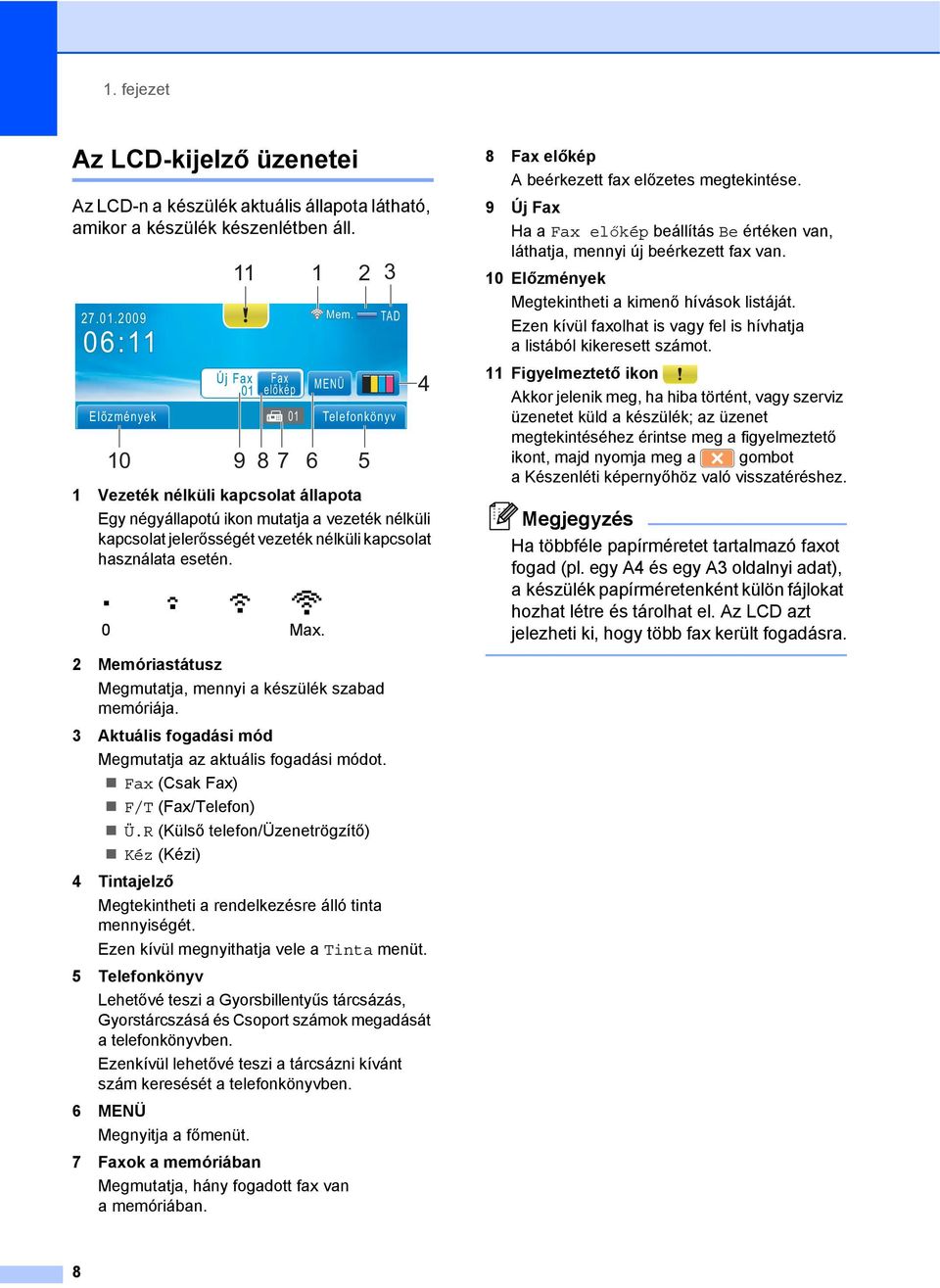 01.2009 06:11 Előzmények 11 Új Fax 01 Fax előkép 10 9 8 7 1 Vezeték nélküli kapcsolat állapota Egy négyállapotú ikon mutatja a vezeték nélküli kapcsolat jelerősségét vezeték nélküli kapcsolat