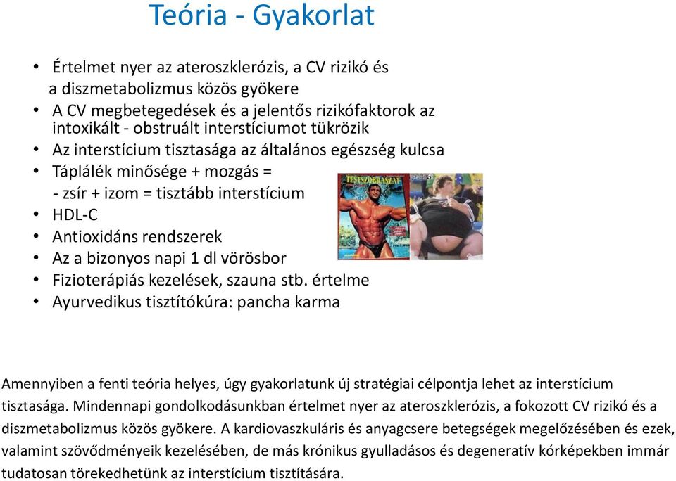 kezelések, szauna stb. értelme Ayurvedikus tisztítókúra: pancha karma Amennyiben a fenti teória helyes, úgy gyakorlatunk új stratégiai célpontja lehet az interstícium tisztasága.