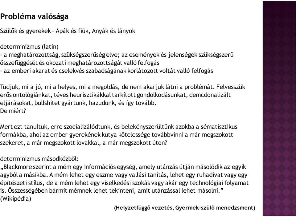 Felvesszük erıs ontológiánkat, téves heurisztikákkal tarkított gondolkodásunkat, demcdonalizált eljárásokat, bullshitet gyártunk, hazudunk, és így tovább. De miért?