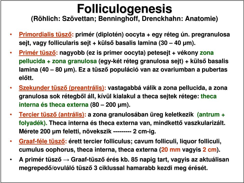 Primér tüsz : nagyobb (ez is primer oocyta) ) petesejt + vékony v zona pellucida + zona granulosa (egy-két t réteg r granulosa sejt) + külsk basalis lamina (40 80 m).