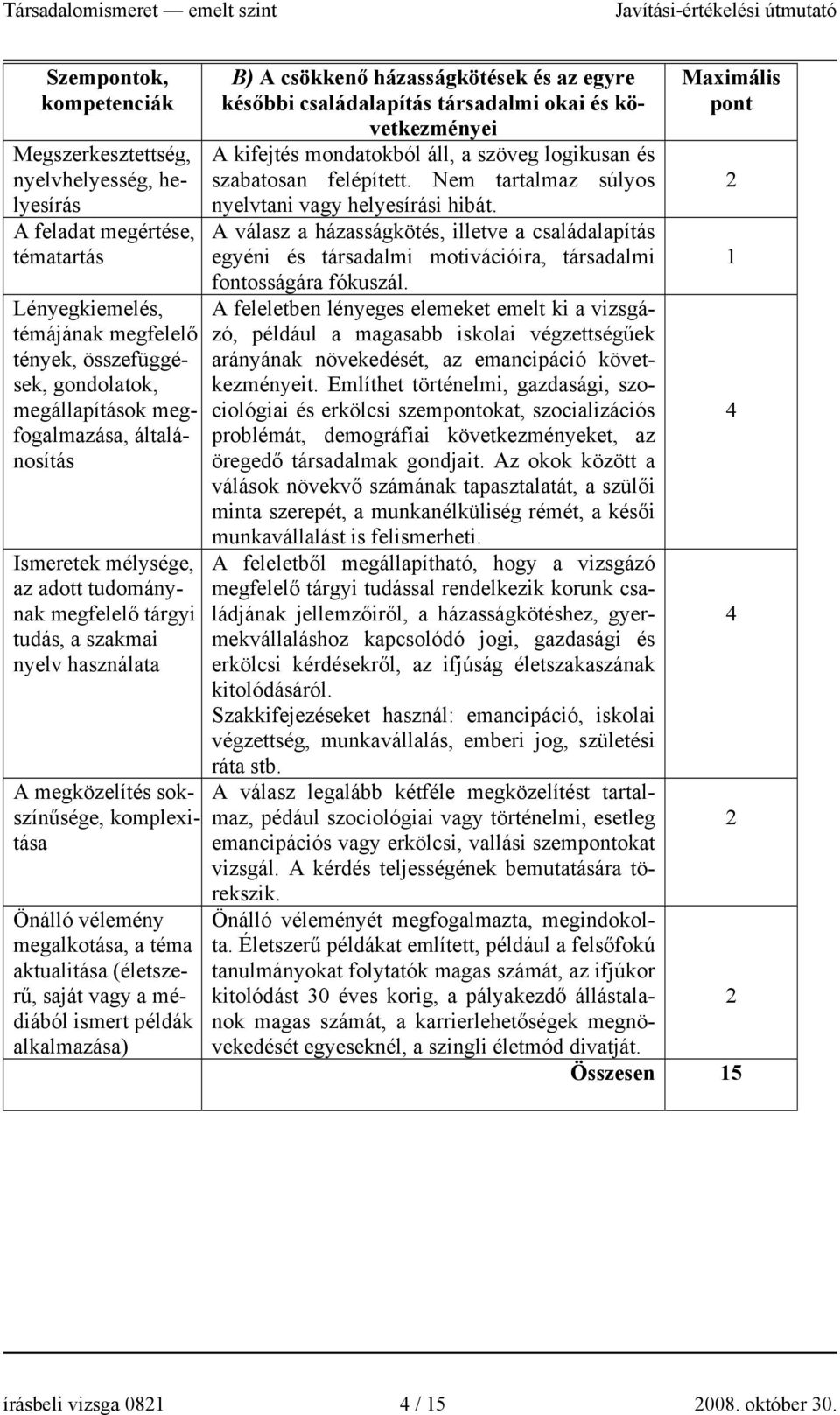 (életszerű, saját vagy a médiából ismert példák alkalmazása) B) A csökkenő házasságkötések és az egyre későbbi családalapítás társadalmi okai és következményei A kifejtés mondatokból áll, a szöveg