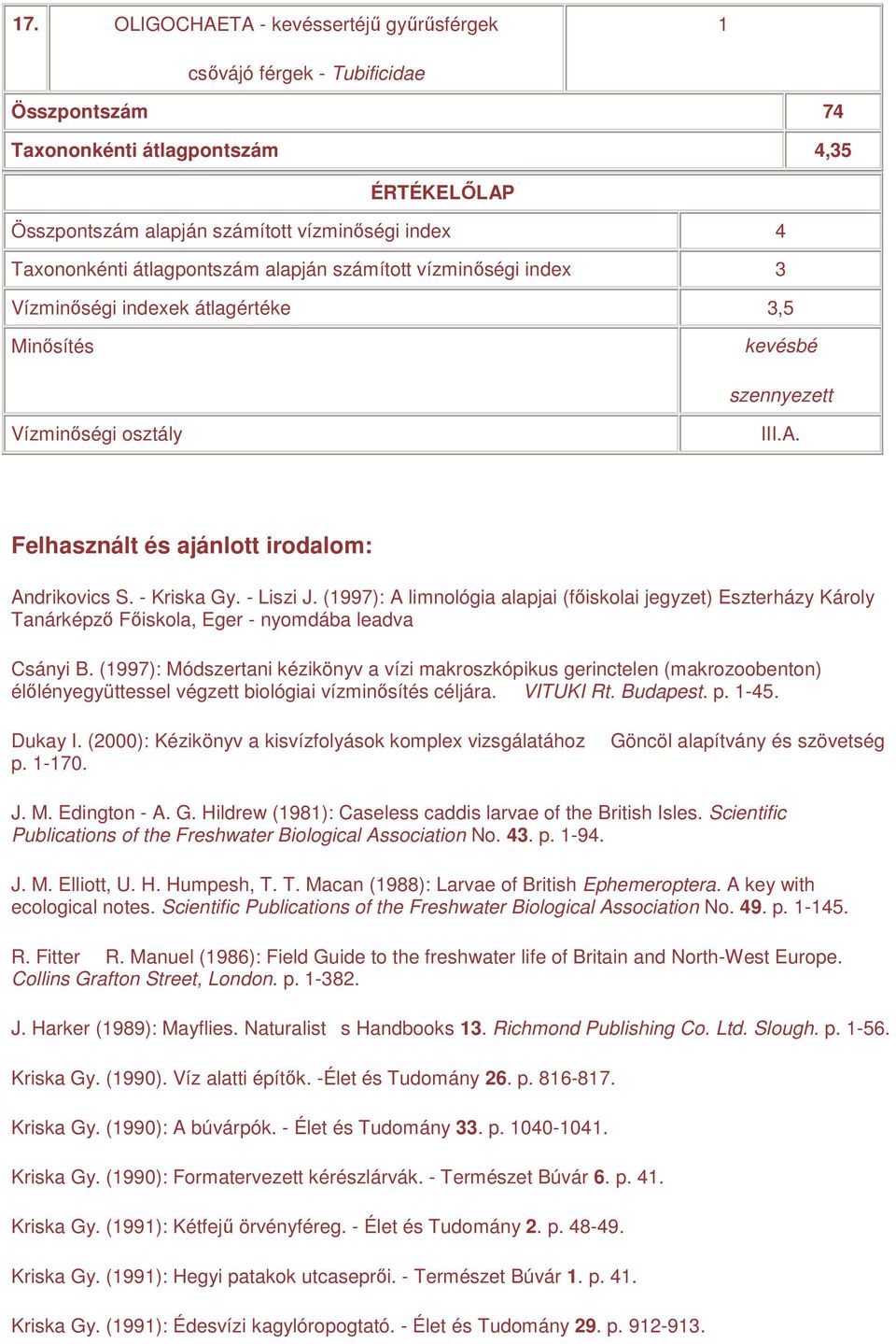 - Kriska Gy. - Liszi J. (1997): A limnológia alapjai (fıiskolai jegyzet) Eszterházy Károly Tanárképzı Fıiskola, Eger - nyomdába leadva Csányi B.