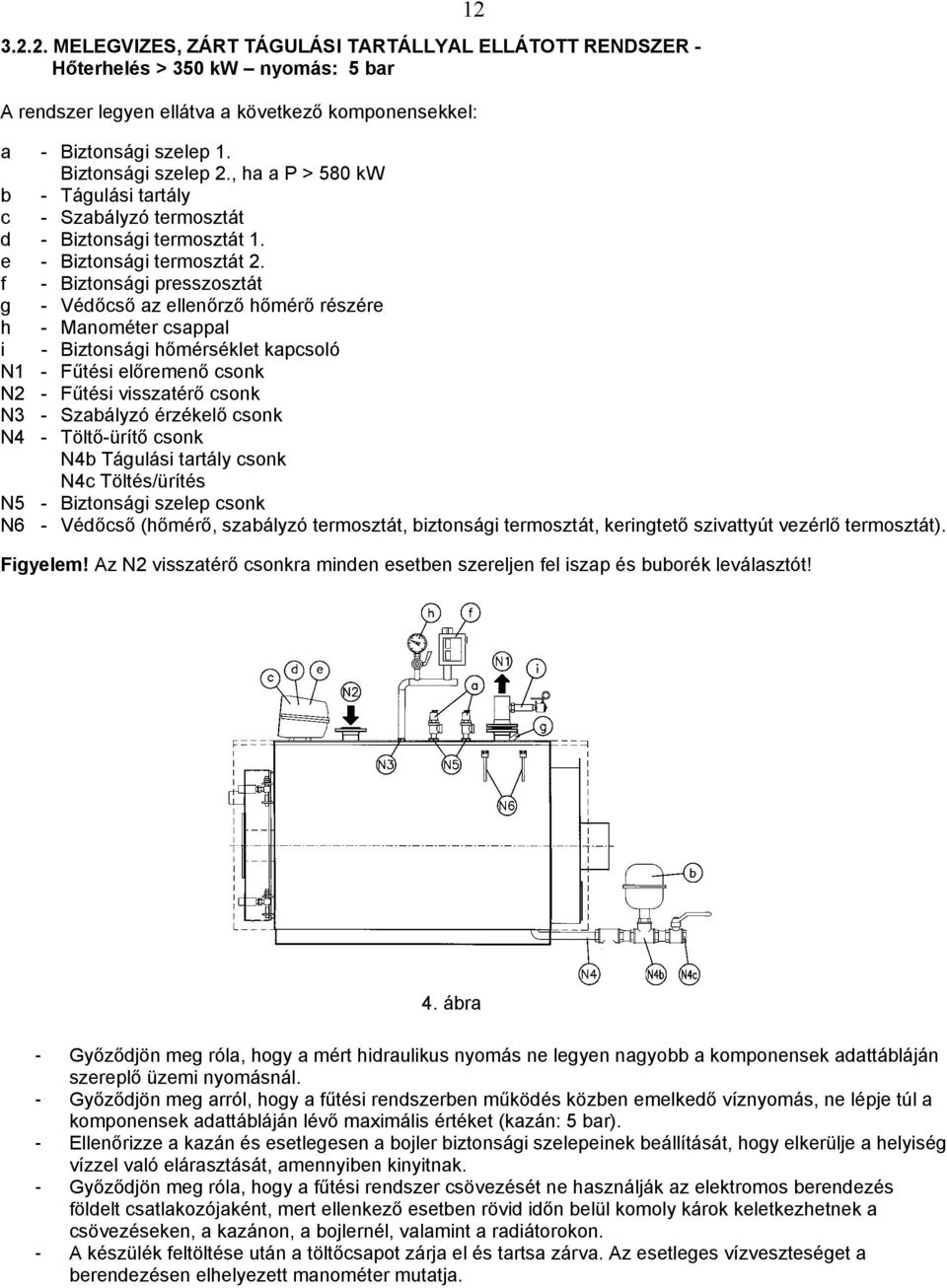 f - Biztonsági presszosztát g - Védőcső az ellenőrző hőmérő részére h - Manométer csappal i - Biztonsági hőmérséklet kapcsoló N1 - Fűtési előremenő csonk N2 - Fűtési visszatérő csonk N3 - Szabályzó