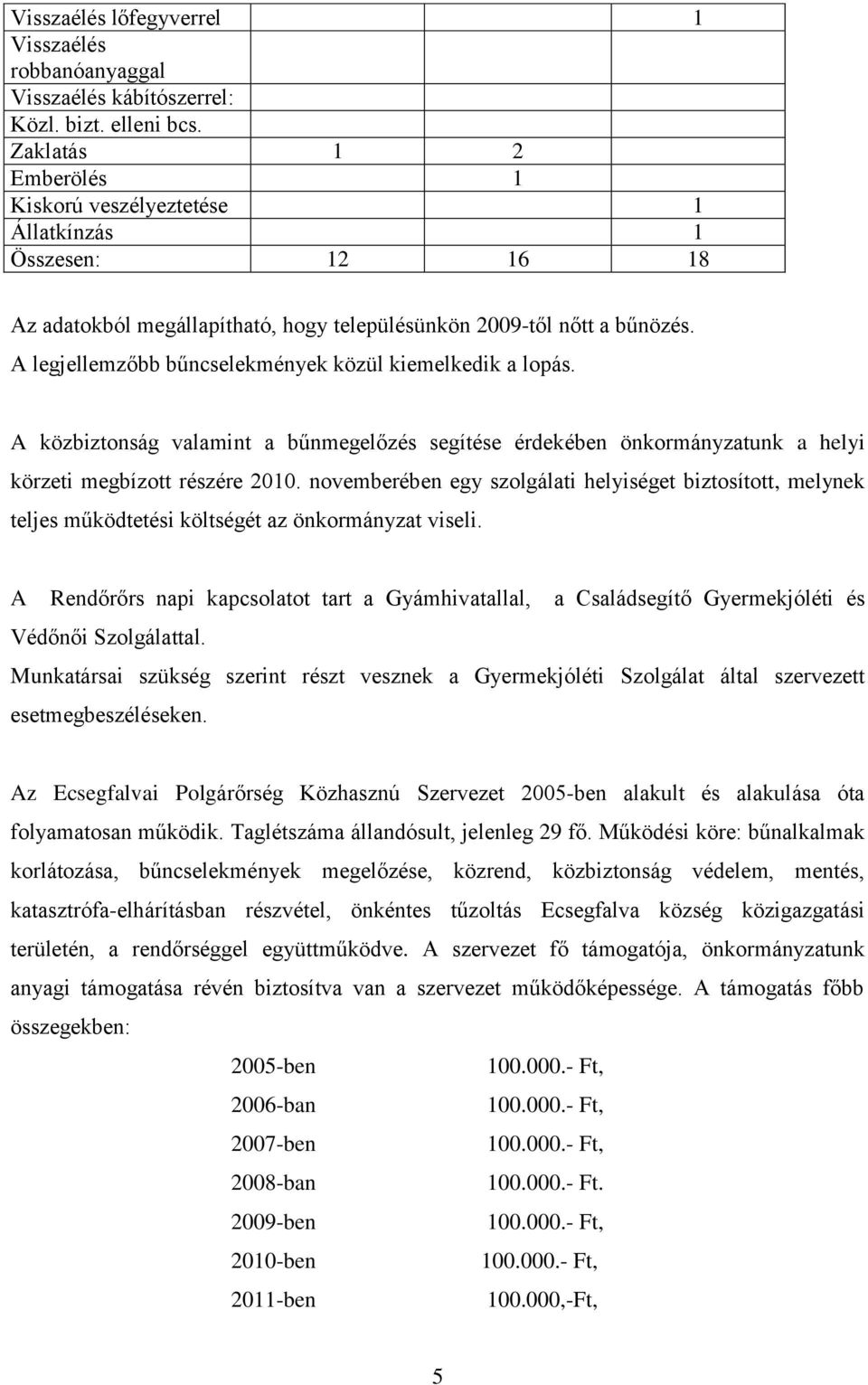 A legjellemzőbb bűncselekmények közül kiemelkedik a lopás. A közbiztonság valamint a bűnmegelőzés segítése érdekében önkormányzatunk a helyi körzeti megbízott részére 2010.