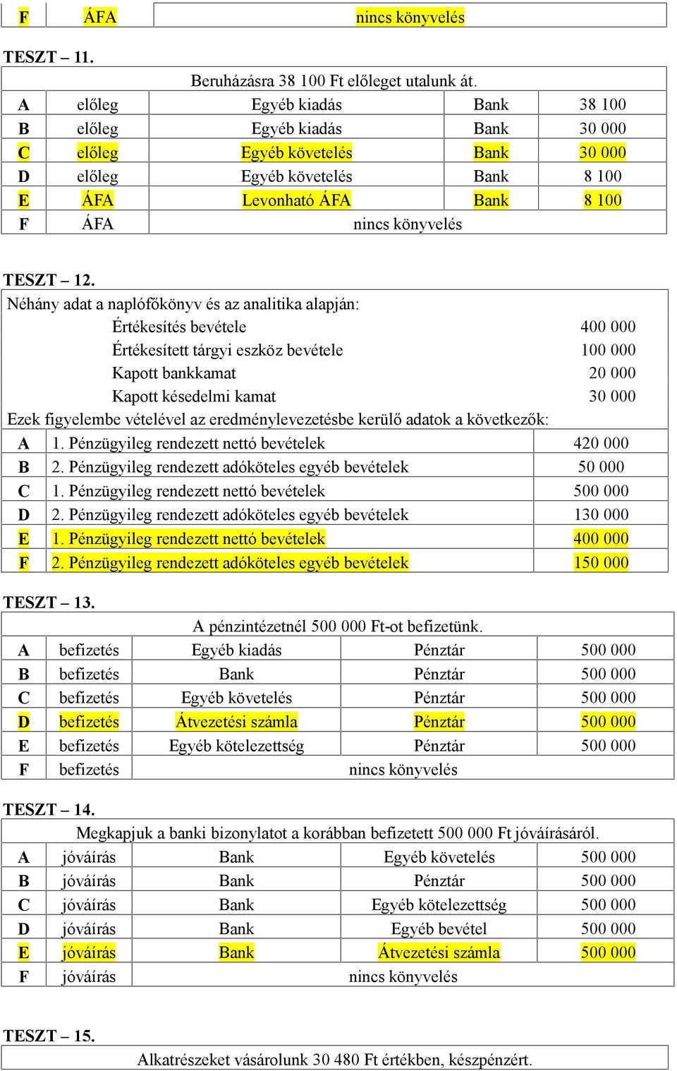 Néhány adat a naplófőkönyv és az analitika alapján: Értékesítés bevétele 400 000 Értékesített tárgyi eszköz bevétele 100 000 Kapott bankkamat 20 000 Kapott késedelmi kamat 30 000 Ezek figyelembe