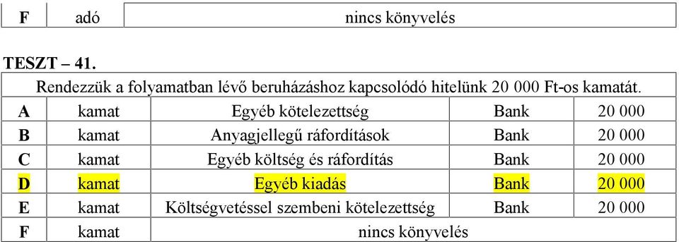 A kamat Egyéb kötelezettség Bank 20 000 B kamat Anyagjellegű ráfordítások Bank 20 000 C