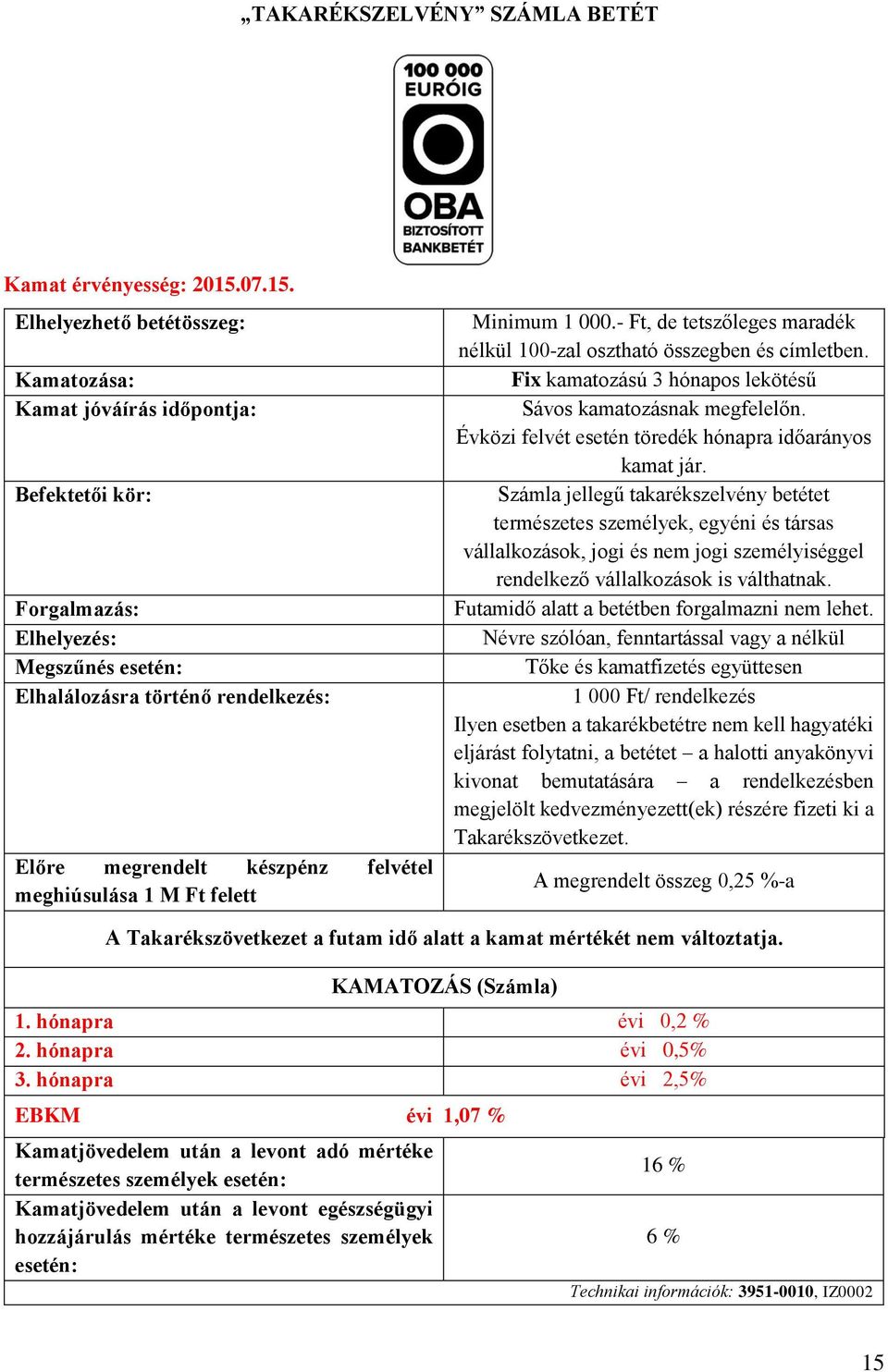 Elhelyezhető betétösszeg: Kamatozása: Kamat jóváírás időpontja: Befektetői kör: Forgalmazás: Elhelyezés: Megszűnés esetén: Elhalálozásra történő rendelkezés: Előre megrendelt készpénz felvétel