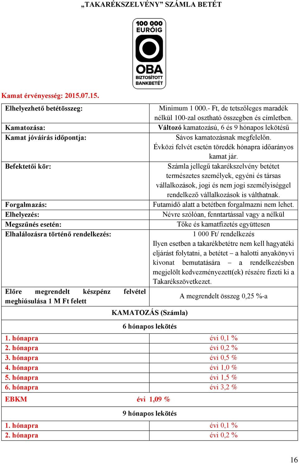 Elhelyezhető betétösszeg: Kamatozása: Kamat jóváírás időpontja: Befektetői kör: Forgalmazás: Elhelyezés: Megszűnés esetén: Elhalálozásra történő rendelkezés: Előre megrendelt készpénz felvétel