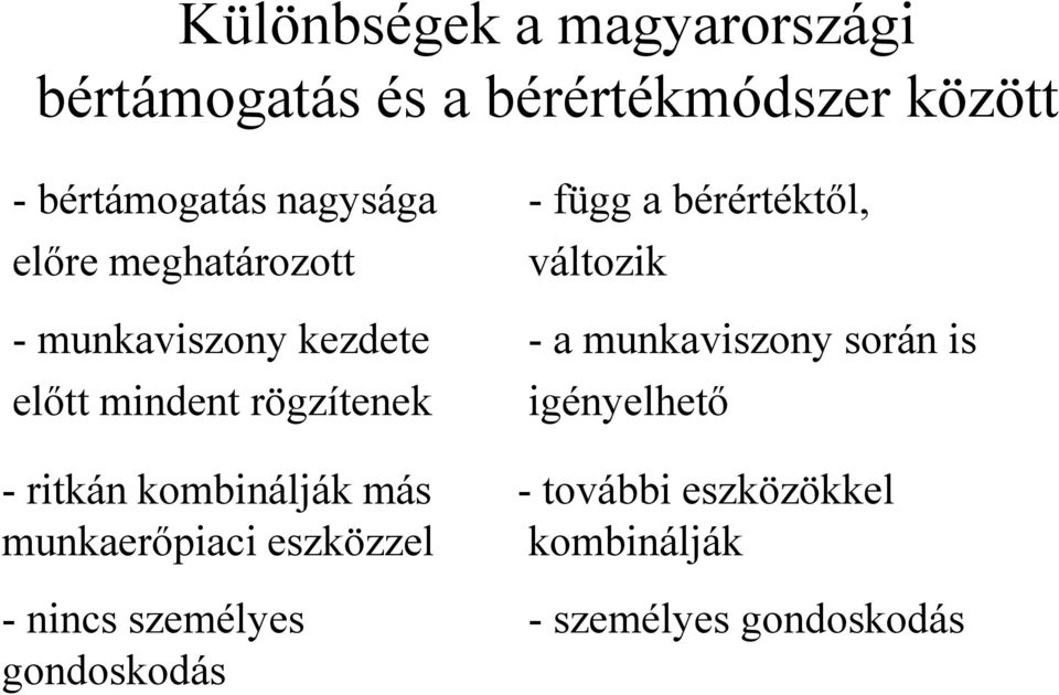 bérértéktől, változik -a munkaviszony során is igényelhető -ritkán kombinálják más