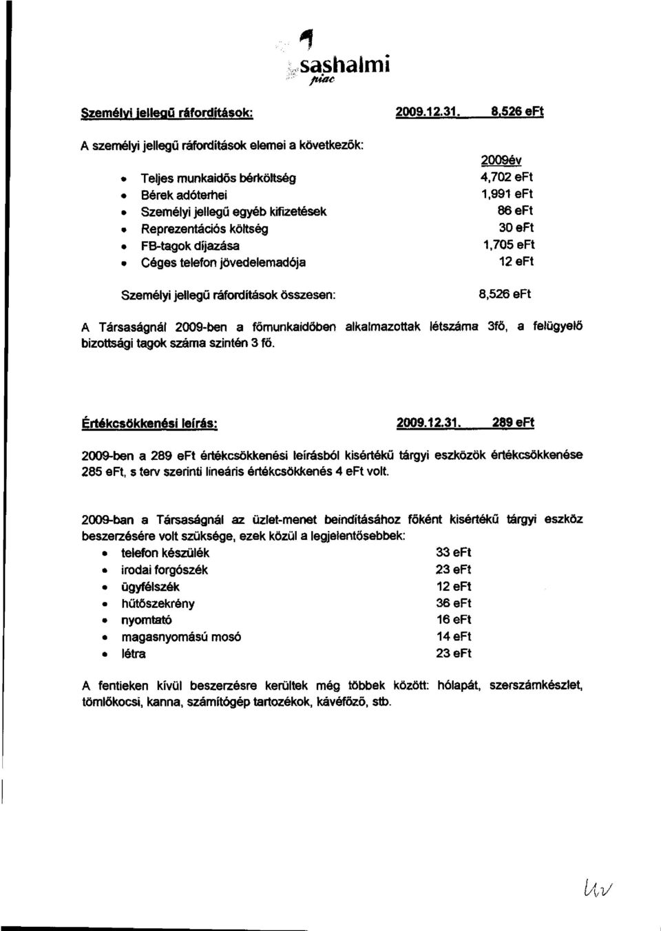 eft FB-tagok díjazása 1,705 eft Céges telefon jövedelemadója 12 eft Személyi jellegű ráfordítások összesen: 8,526 eft A Társaságnál 2009-ben a főmunkaidőben alkalmazottak létszáma 3fő, a felügyelő