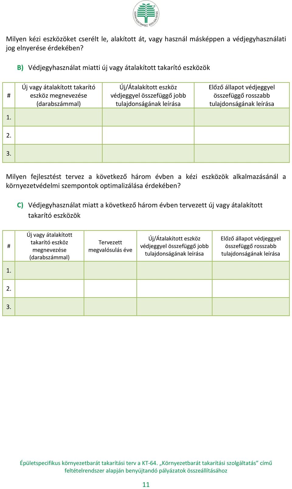 leírása Előző állapot védjeggyel összefüggő rosszabb tulajdonságának leírása Milyen fejlesztést tervez a következő három évben a kézi eszközök alkalmazásánál a környezetvédelmi szempontok