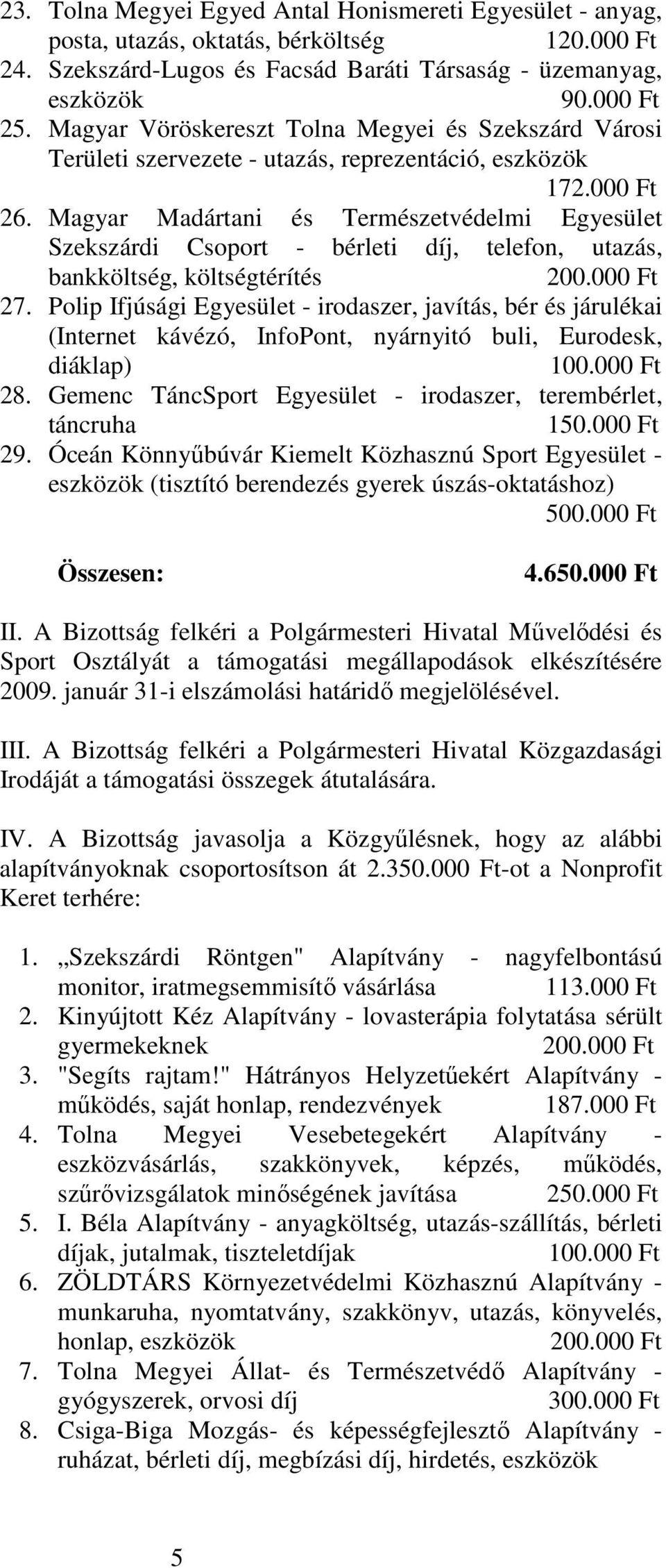 Magyar Madártani és Természetvédelmi Egyesület Szekszárdi Csoport - bérleti díj, telefon, utazás, bankköltség, költségtérítés 200.000 Ft 27.