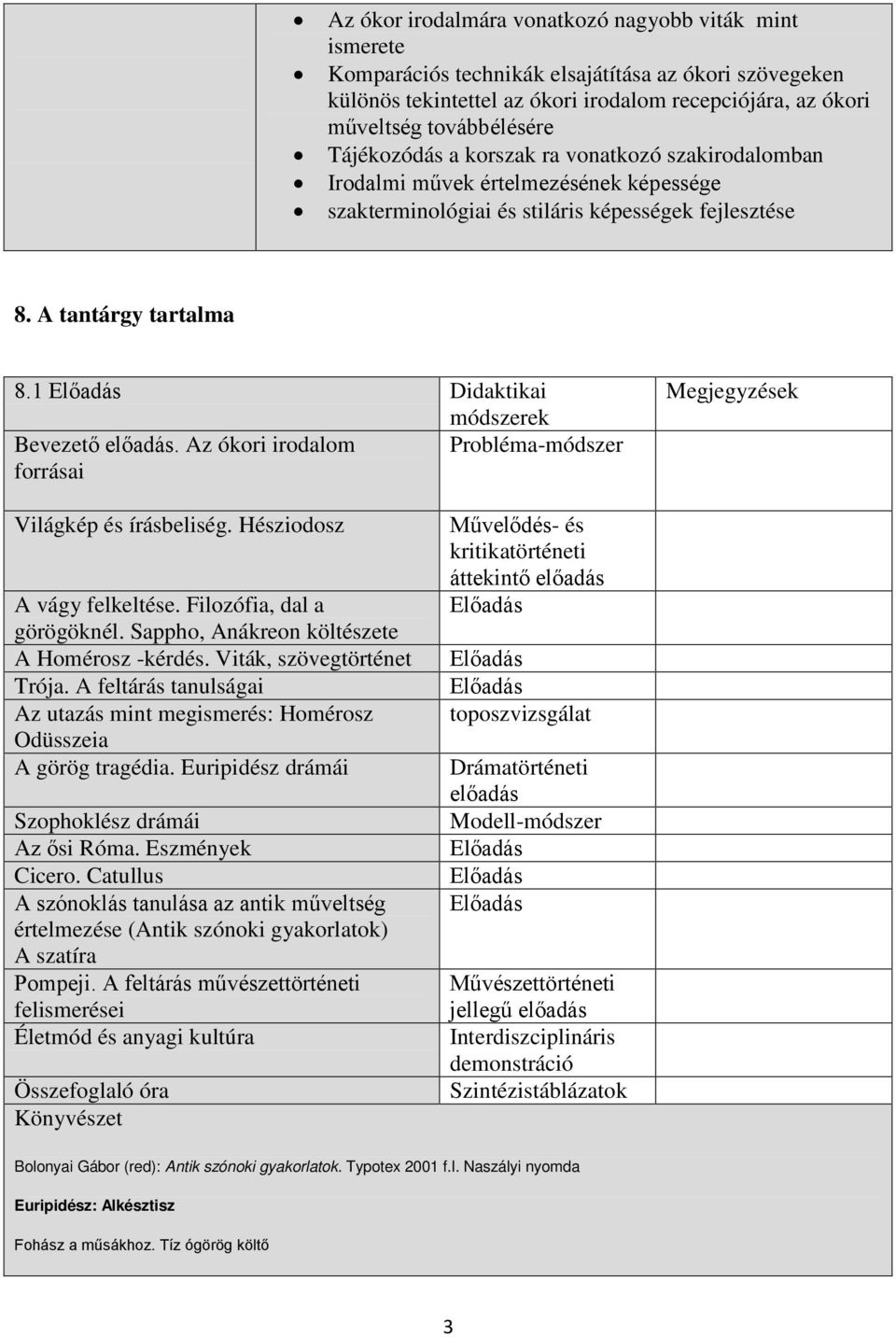 Az ókori irodalom Probléma-módszer forrásai Megjegyzések Világkép és írásbeliség. Hésziodosz A vágy felkeltése. Filozófia, dal a görögöknél. Sappho, Anákreon költészete A Homérosz -kérdés.