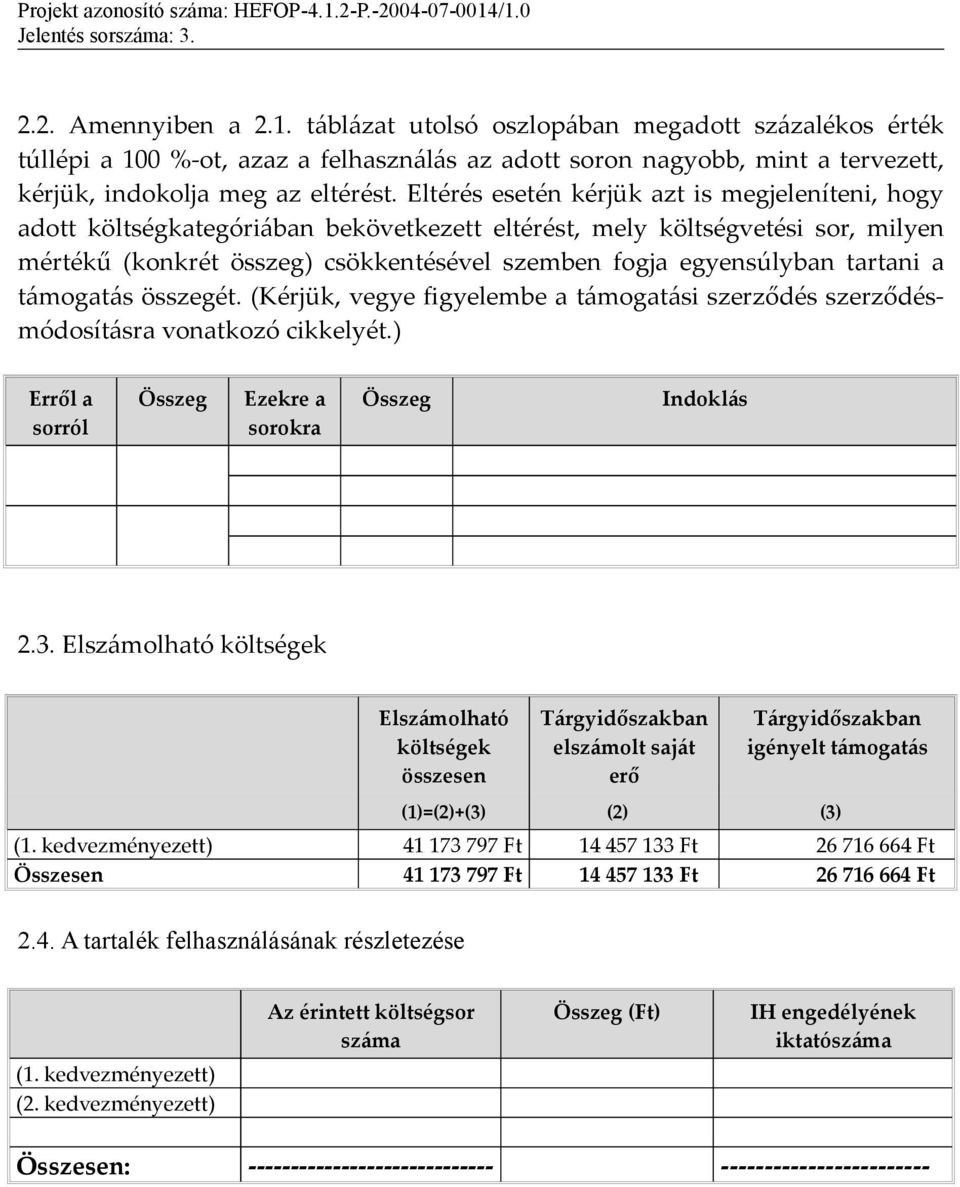 tartani a támogatás összegét. (Kérjük, vegye figyelembe a támogatási szerződés szerződésmódosításra vonatkozó cikkelyét.) Erről a sorról Összeg Ezekre a sorokra Összeg Indoklás 2.3.