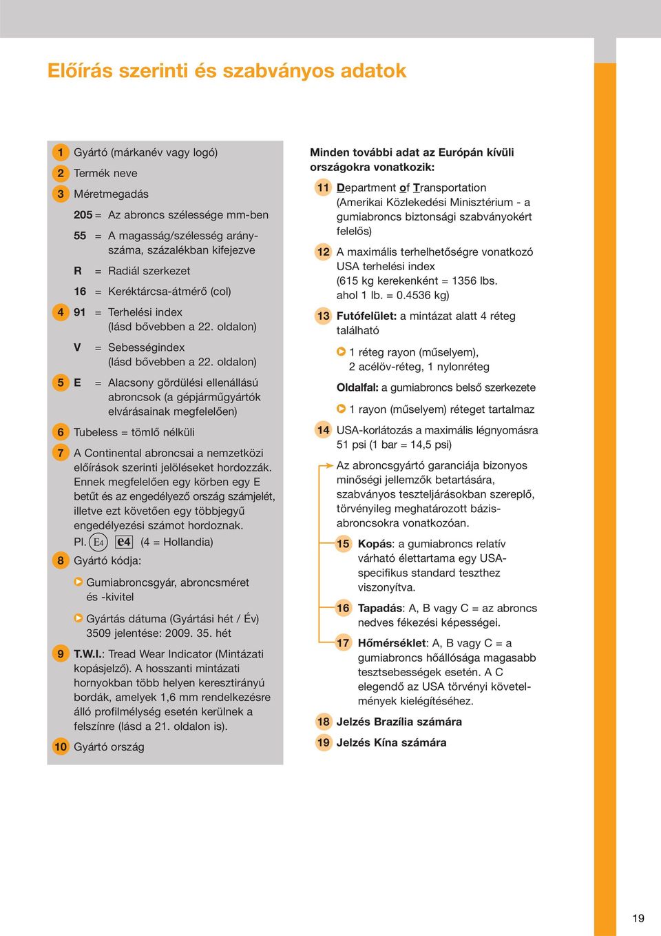 oldalon) 5 E = Alacsony gördülési ellenállású abroncsok (a gépjárműgyártók elvárásainak megfelelően) 6 Tubeless = tömlő nélküli 7 A Continental abroncsai a nemzetközi előírások szerinti jelöléseket