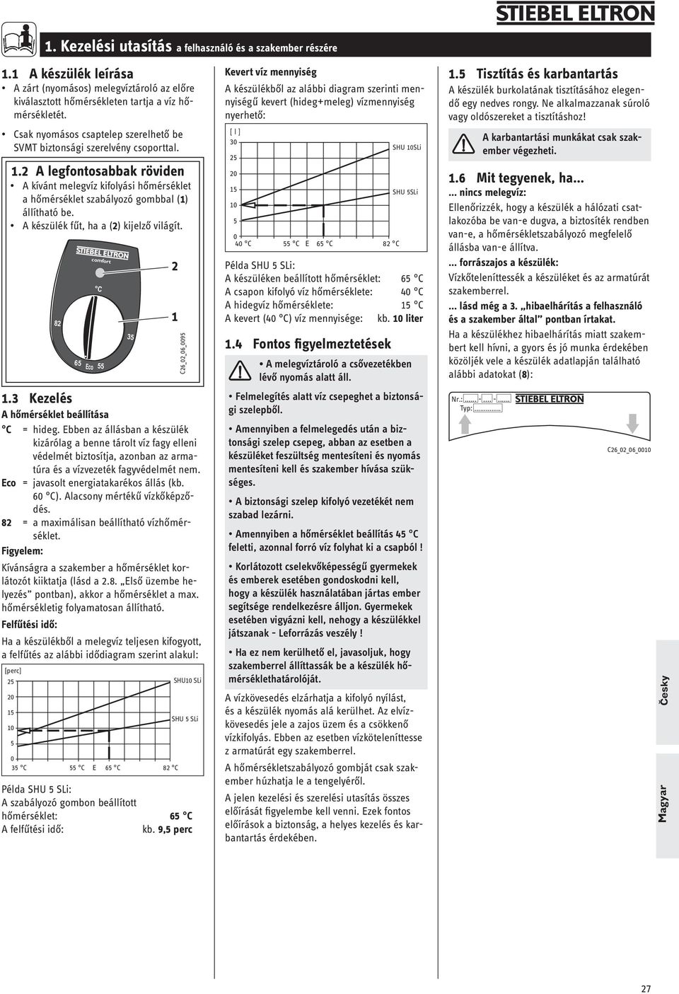 A készülék fűt, ha a (2) kijelző világít. 1.3 Kezelés A hőmérséklet beállítása C = hideg.