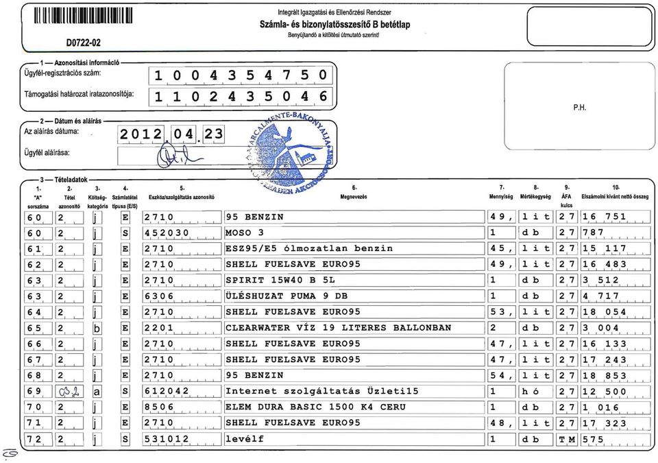 !:o...-- Az. aláírás dátuma: ',,,---------, -"'v - WJVJ,.. "'I cs> 3 Tételadatok -J,', ::-rti:t.i4. 2. 3. 4. 5. "A" Tétel Költség- Számialétel Eszkszolgáltatás azonosító 6. 7. 8. 9. 0.