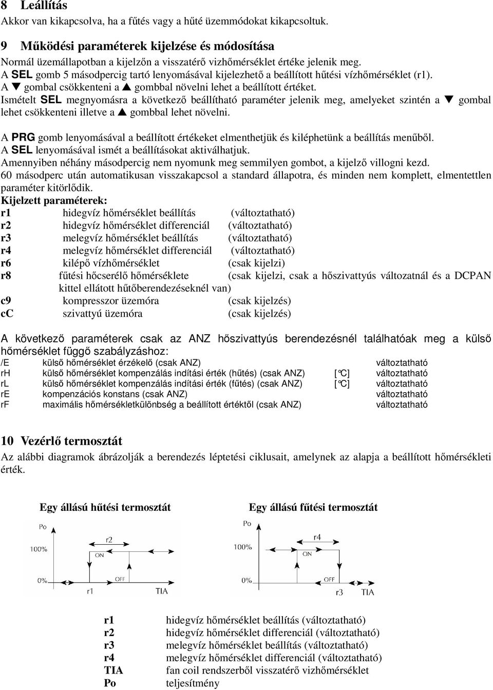 A SEL gomb 5 másodpercig tartó lenyomásával kijelezhet a beállított htési vízhmérséklet (r1). A gombal csökkenteni a gombbal növelni lehet a beállított értéket.