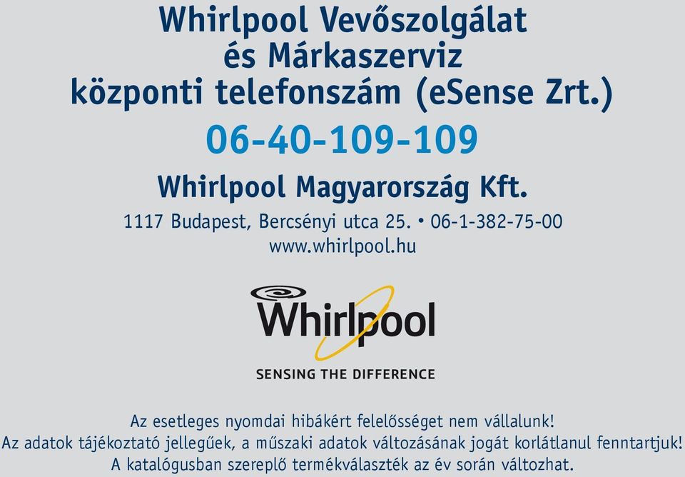 whirlpool.hu Az esetleges nyomdai hibákért felelősséget nem vállalunk!