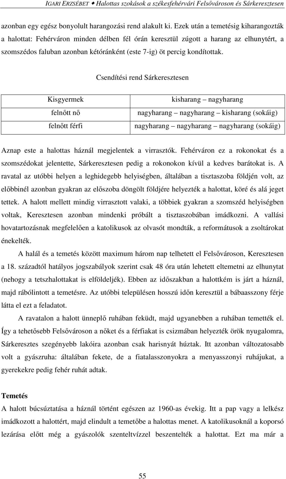 Csendítési rend Sárkeresztesen Kisgyermek felnıtt nı felnıtt férfi kisharang nagyharang nagyharang nagyharang kisharang (sokáig) nagyharang nagyharang nagyharang (sokáig) Aznap este a halottas háznál