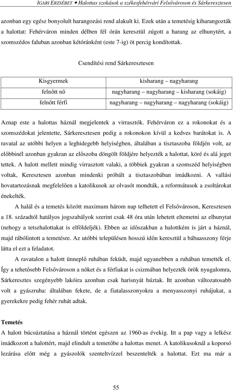 Csendítési rend Sárkeresztesen Kisgyermek felnıtt nı felnıtt férfi kisharang nagyharang nagyharang nagyharang kisharang (sokáig) nagyharang nagyharang nagyharang (sokáig) Aznap este a halottas háznál