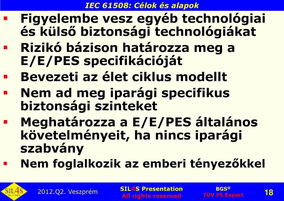 biztonsági szinteket Meghatározza a E/E/PES általános követelményeit, ha nincs iparági szabvány Nem