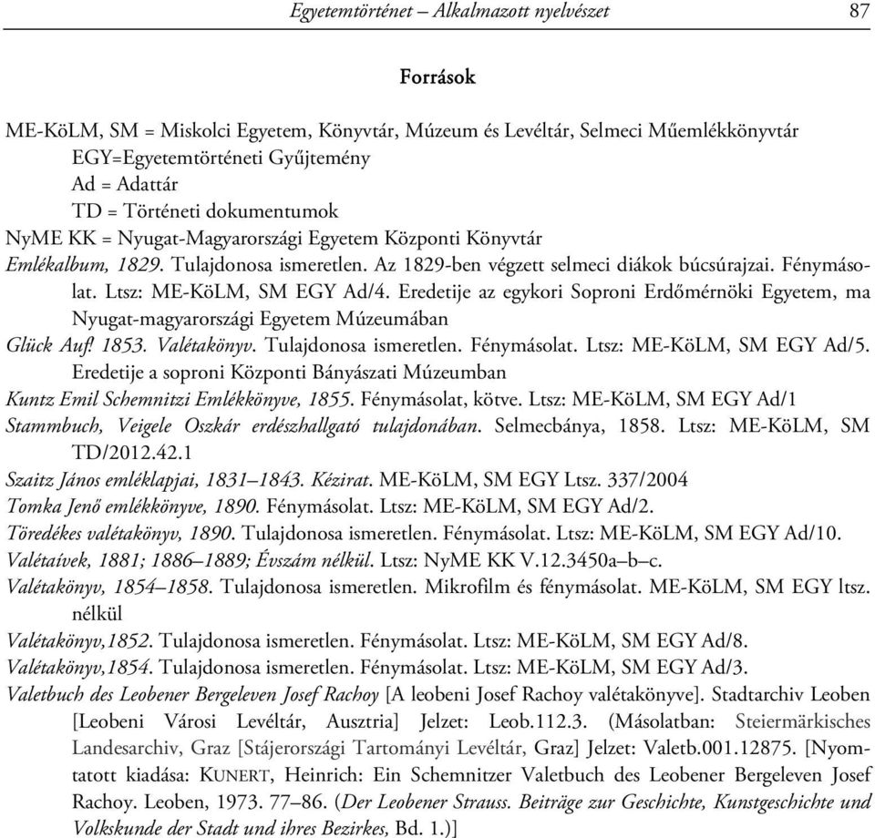 Eredetije az egykori Soproni Erdőmérnöki Egyetem, ma Nyugat-magyarországi Egyetem Múzeumában Glück Auf! 1853. Valétakönyv. Tulajdonosa ismeretlen. Fénymásolat. Ltsz: ME-KöLM, SM EGY Ad/5.