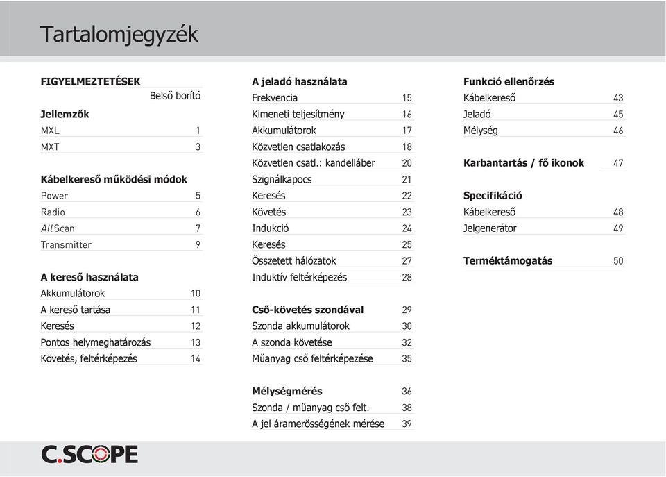 : kandelláber 20 Szignálkapocs 21 Keresés 22 Követés 23 Indukció 24 Keresés 25 Összetett hálózatok 27 Induktív feltérképezés 28 Cső-követés szondával 29 Szonda akkumulátorok 30 A szonda követése 32