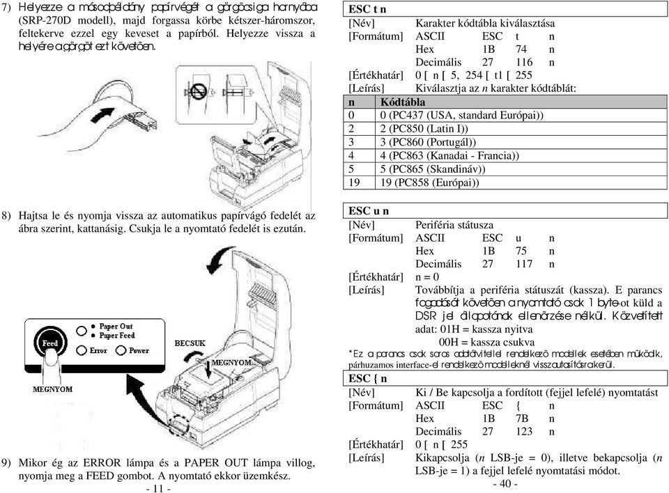 9) Mikor ég az ERROR lámpa és a PAPER OUT lámpa villog, nyomja meg a FEED gombot. A nyomtató ekkor üzemkész.