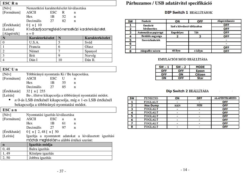 Párhuzamos / USB adatátvitel specifikáció ESC U n [Név] Többirányú nyomtatás Ki / Be kapcsolása.