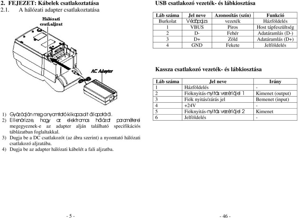 Fehér Adatáramlás (D-) 3 D+ Zöld Adatáramlás (D+) 4 GND Fekete Jelföldelés Kassza csatlakozó vezeték- és lábkiosztása 1) Gyõzõdjön meg a nyomtató ki kapcsol t állapotáról.