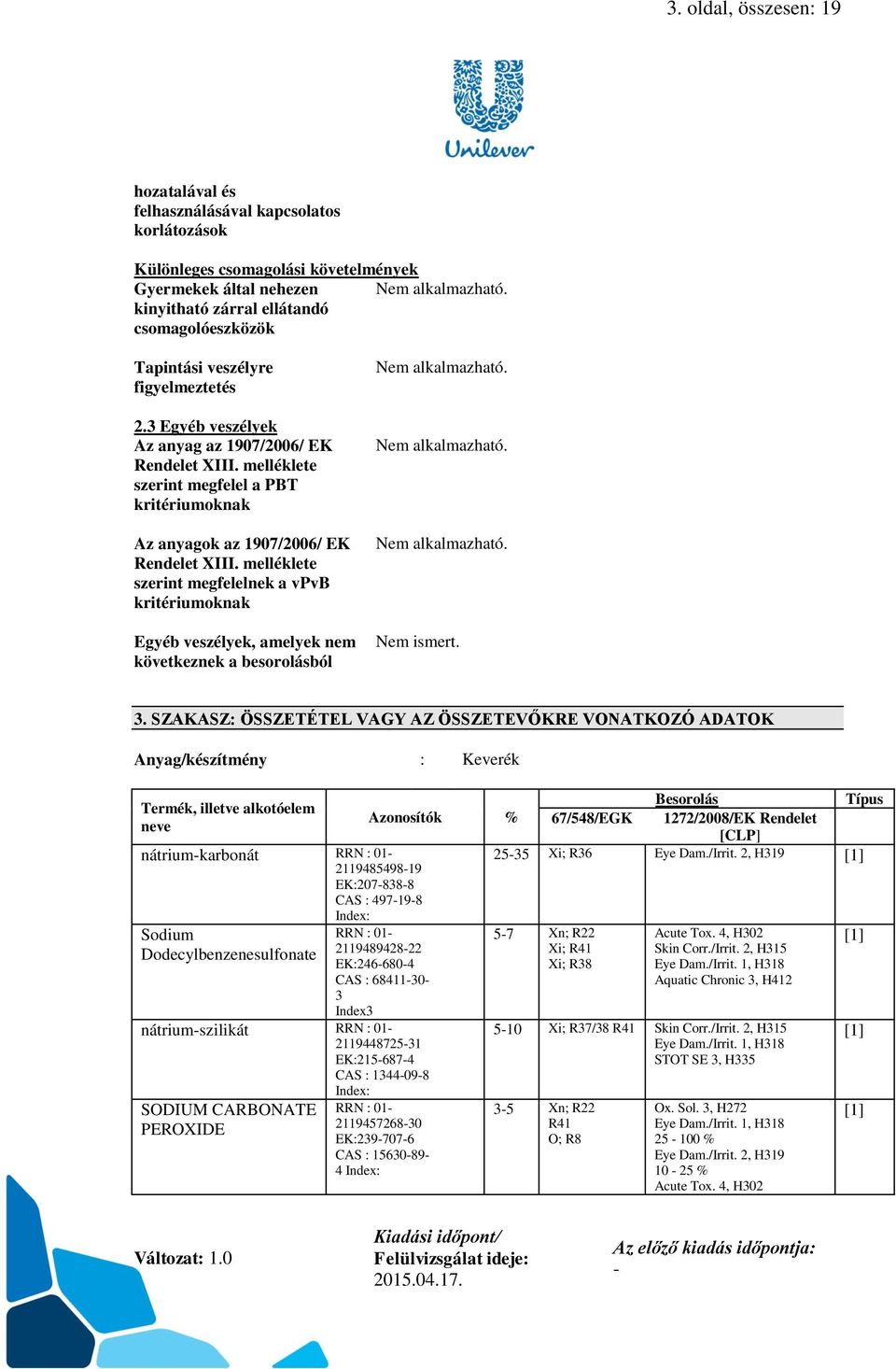 melléklete szerint megfelelnek a vpvb kritériumoknak Egyéb veszélyek, amelyek nem következnek a besorolásból Nem ismert. 3.