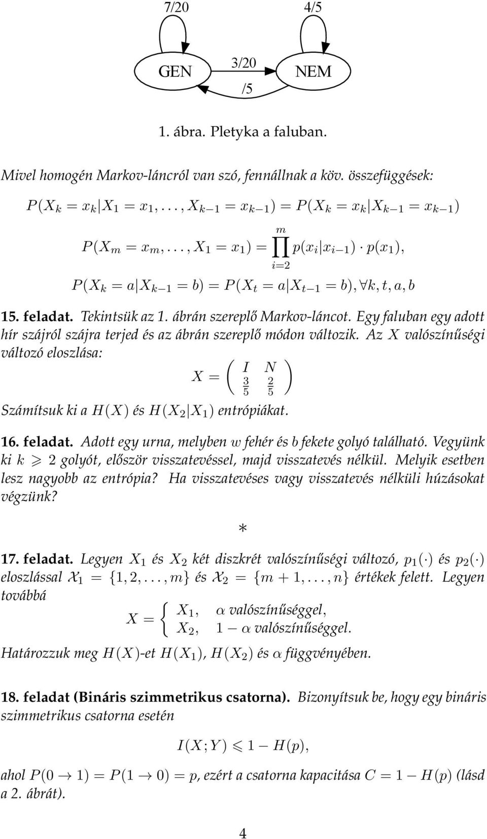 Egy faluban egy adott hír szájról szájra terjed és az ábrán szerelő módon változik. Az X valószínűségi változó eloszlása: ( ) I N X = Számítsuk ki a H(X) és H(X X ) entróiákat. 3 6. feladat.