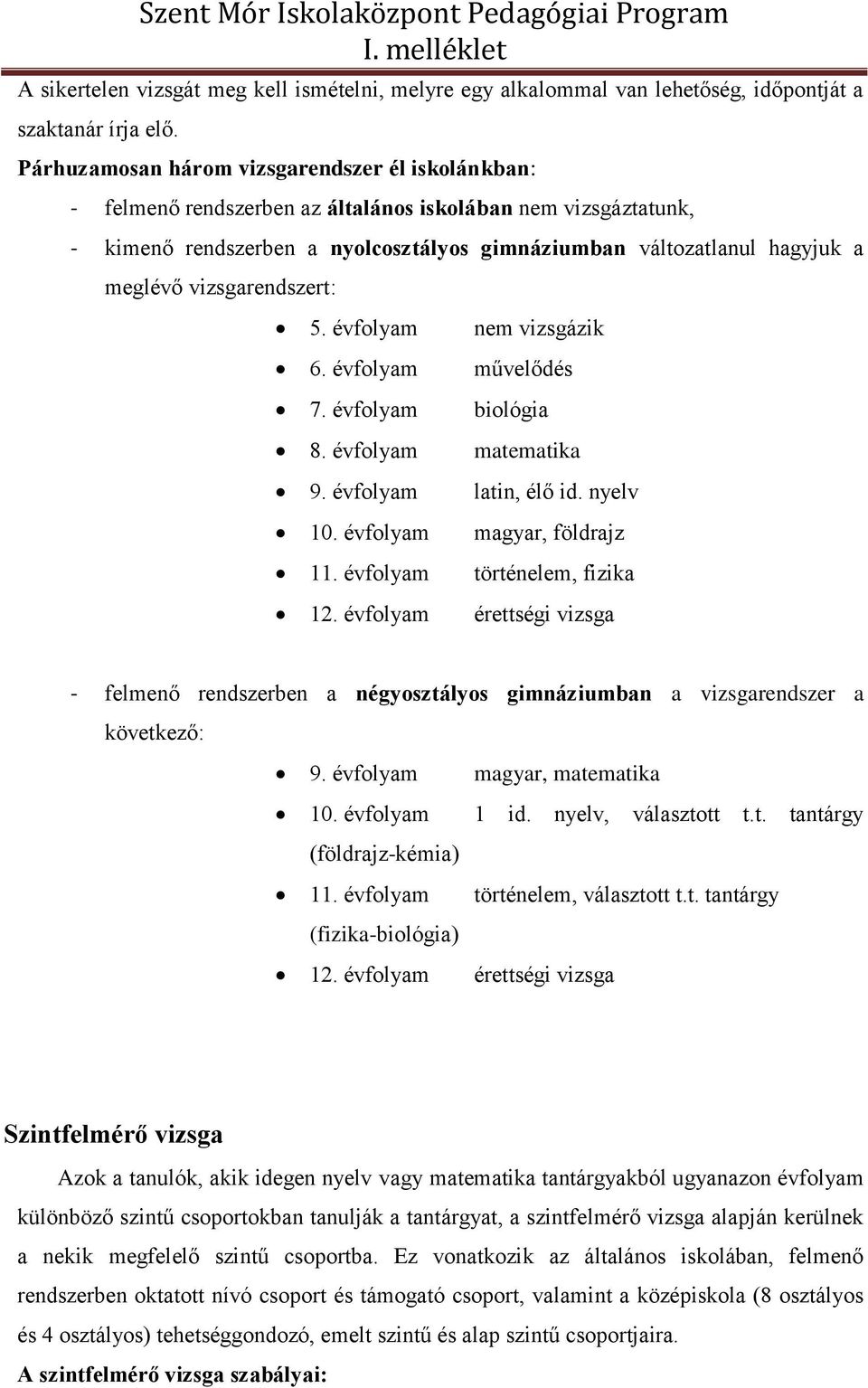 vizsgarendszert: 5. évfolyam nem vizsgázik 6. évfolyam művelődés 7. évfolyam biológia 8. évfolyam matematika 9. évfolyam latin, élő id. nyelv 10. évfolyam magyar, földrajz 11.