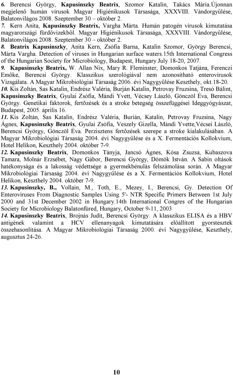 Vándorgyűlése, Balatonvilágos 2008. Szeptember 30 október 2. 8. Beatrix Kapusinszky, Anita Kern, Zsófia Barna, Katalin Szomor, György Berencsi, Márta Vargha.