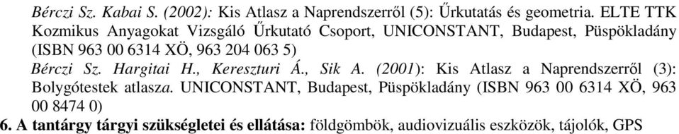 063 5) Bérczi Sz. Hargitai H., Kereszturi Á., Sik A. (2001): Kis Atlasz a Naprendszerről (3): Bolygótestek atlasza.