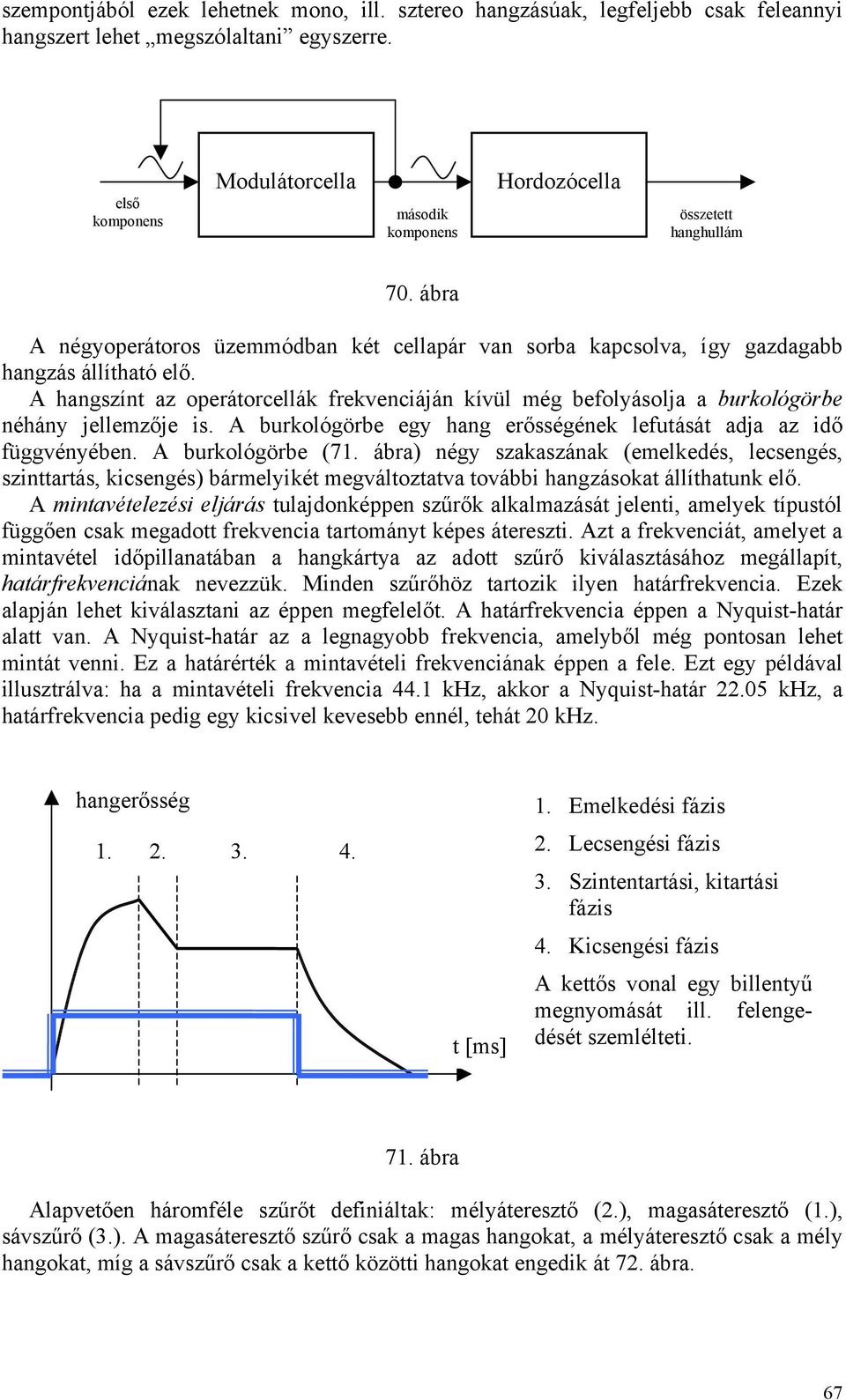 A hangszínt az operátorcellák frekvenciáján kívül még befolyásolja a burkológörbe néhány jellemzője is. A burkológörbe egy hang erősségének lefutását adja az idő függvényében. A burkológörbe (71.