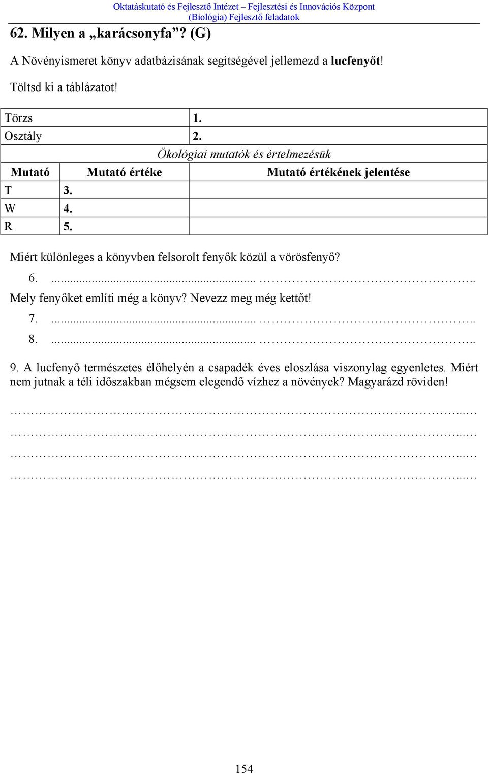 Töltsd ki a táblázatot! Törzs 1. Osztály 2. Ökológiai mutatók és értelmezésük Mutató Mutató értéke Mutató értékének jelentése T 3. W 4. R 5.