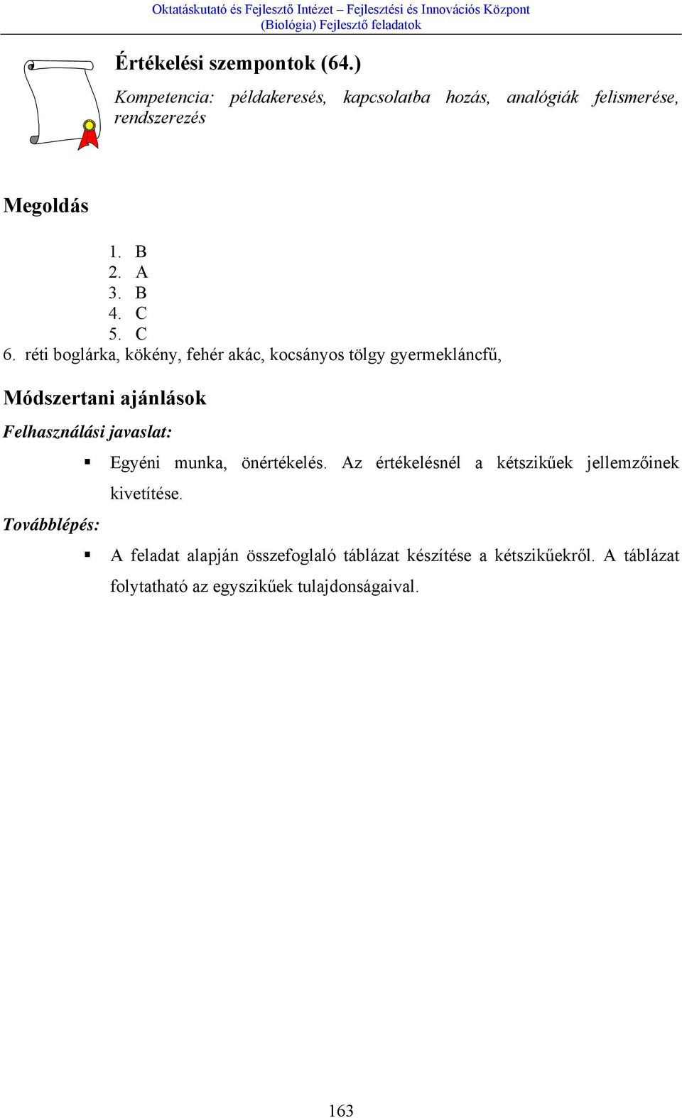 réti boglárka, kökény, fehér akác, kocsányos tölgy gyermekláncfű, Módszertani ajánlások Felhasználási javaslat: Egyéni