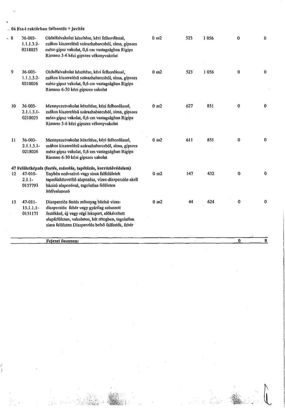 -003- Oldalfalvakolat készítése, kézi felhordással, 1.1.1.3.2- zsákos kiszerelésű szárazhabarcsból, sima, gipszes 0218025 mész-gipsz vakolat, 0,6 cm vastagságban Rigips Rimano 3-6 kézi gipszes