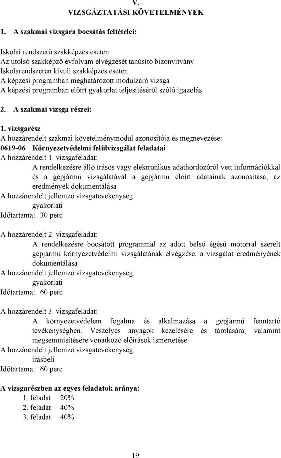 programban meghatározott modulzáró vizsga A képzési programban előírt gyakorlat teljesítéséről szóló igazolás 2. A szakmai vizsga részei: 1.