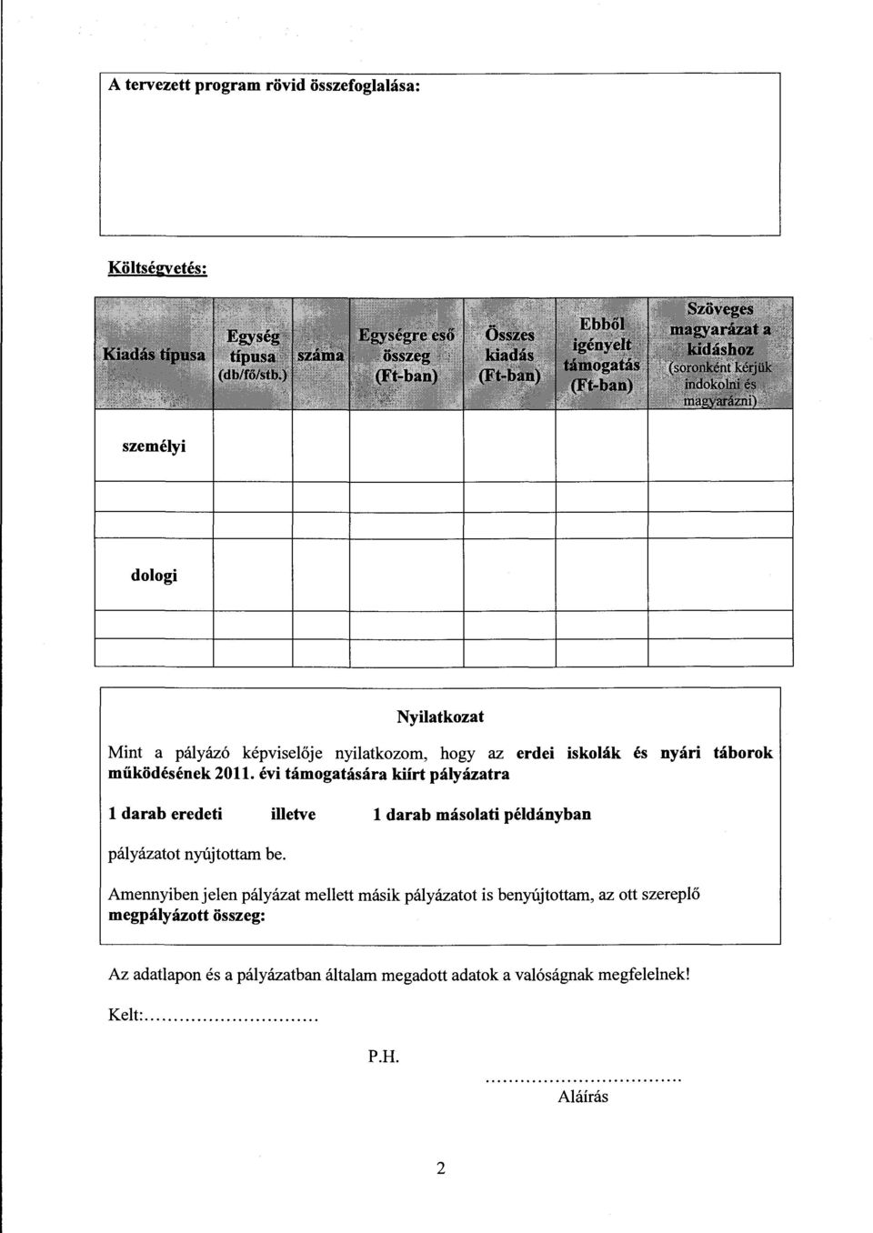 évi támogatására kiírt pályázatra l darab eredeti illetve l darab másolati példányban pályázatot nyújtottam be.