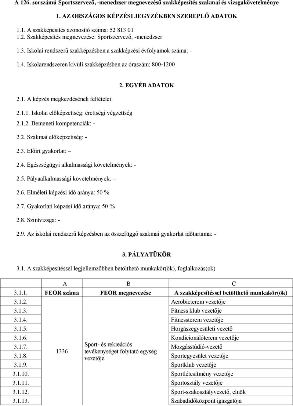 1.2. Bemeneti kompetenciák: - 2.2. Szakmai előképzettség: - 2.3. Előírt gyakorlat: 2.4. Egészségügyi alkalmassági követelmények: - 2.5. Pályaalkalmassági követelmények: 2.6.